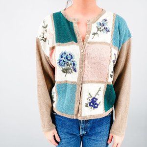 Vintage Paul Harris Designs Color Block Floral Embroidered Button Up Sweater - S